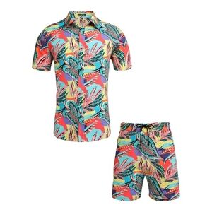 Daupanzees Men's Tropical Leaf Print Hawaiia 2 Piece Short Set - Size Medium